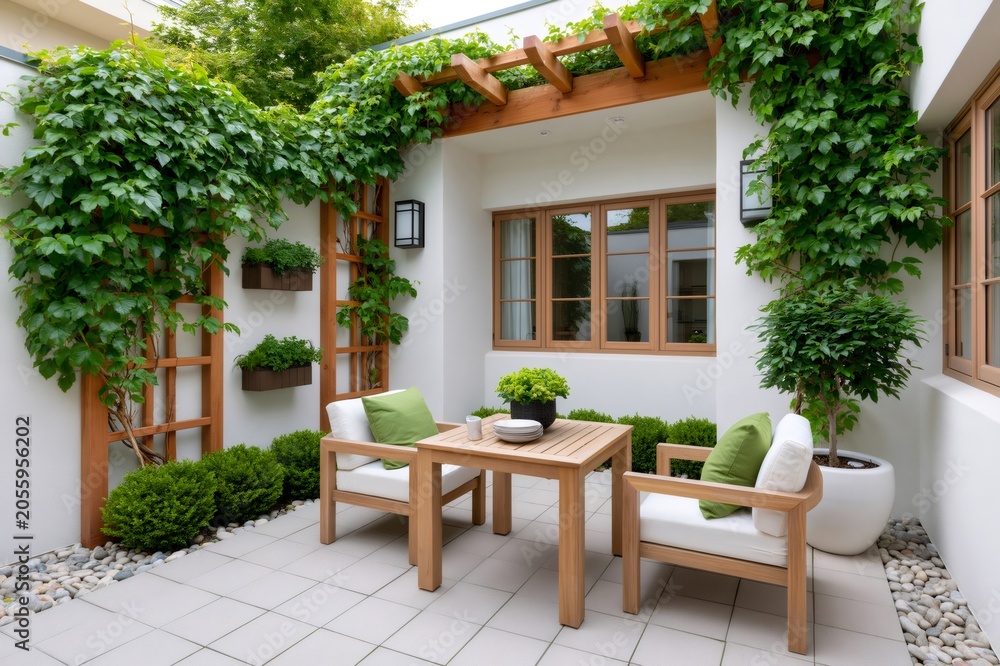 Fototapeta premium Modern outdoor patio garden with wooden furniture and climbing plants