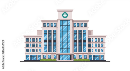 Schilderij op canvas Modern Hospital Building Facade with Glass Windows and Green Cross Symbol
