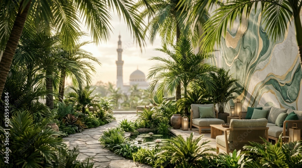 Fototapeta premium Sacrificial animal pen with palm trees in tropical garden during Eid al-Adha celebration