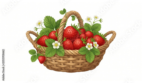 Obraz na plátně Fresh Strawberries in Basket with Leaves and Flowers, Realistic Organic Fruit Ve