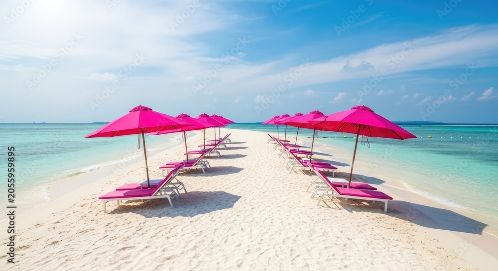 Fototapeta premium Pink sun umbrellas and loungers on a tropical sandbar