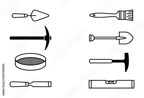 10 Archaeology Tools linear icon set trowel pickaxe shovel brush hammer sieve level chisel, UI and web interface design