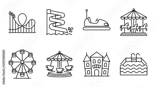 8 Amusement Park linear icon set roller coaster water slide bumper car carousel Ferris wheel teacup ride castle pool, UI and web interface design