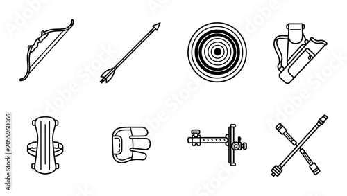 Fotografie Archery linear icon set bow arrow target quiver arm guard finger tab sight stabi