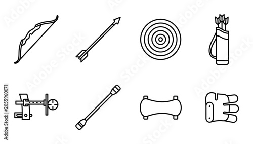 Archery linear icon set bow arrow target quiver, UI and web interface design