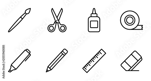 8 Art Supplies linear icon set brush scissors glue tape marker pencil ruler eraser, UI and web interface design