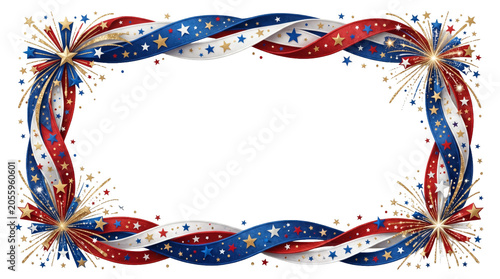 Celebratory 4th of July ribbon frame with fireworks and stars isolated on background for graphic design of premium elements.