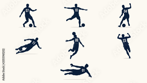 Картината върху платно Silhouettes of soccer players performing different actions on a plain background, representing competition and athletic performance