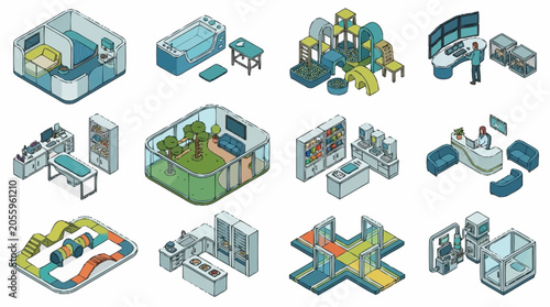 Foto Isometric illustrations of various interior spaces and rooms, including office, spa, and recreational areas