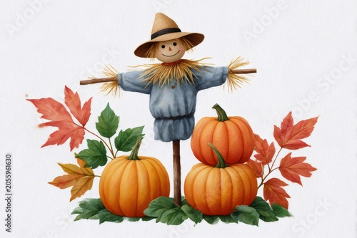 Scarecrow with pumpkins and autumn leaves watercolor