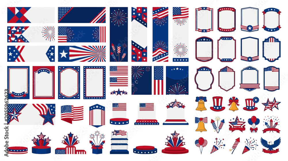 Obraz premium Patriotic frame borders, American flag elements, red white blue icons, 4th of July graphics, USA themed decorations isolated on White Background 4th july, indipendent day , Editable EPS