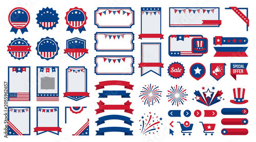 Patriotic icons, red white blue elements, 4th of July clip art, American symbols set isolated on White Background 4th july, indipendent day , Editable EPS