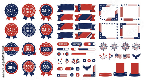 Patriotic sale labels, red white blue discount stickers, American flag banners, 25 vector elements isolated on White Background 4th july, indipendent day , Editable EPS
