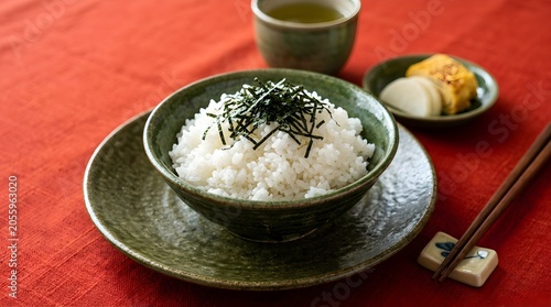  Japanese Rice with Nori Seaweed on Green Plate