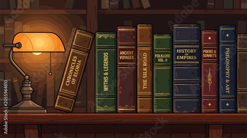 Photos Vintage Bookshelf with Reading Lamp Illustration for Education, Library, and Lit