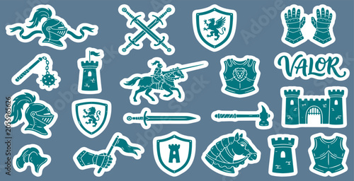 Slika na platnu Medieval Fantasy Icons Set with Shields, Swords, and Knights.
