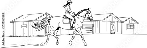 Detailed line art drawing of a person riding a horse near rustic farm barns