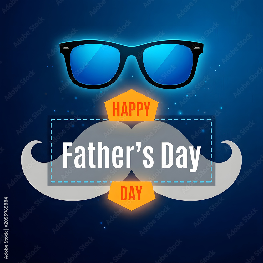 Fototapeta premium Father's Day celebration banner with blue sunglasses and festive cloud design on dark blue background