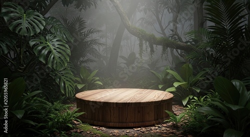 Wooden podium in misty tropical jungle for product display