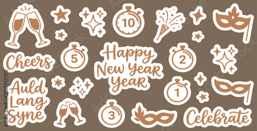 New Year's celebration elements with champagne glasses and masks.