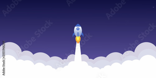 Cartoon rocket launch with smoke trail a flat vector illustration