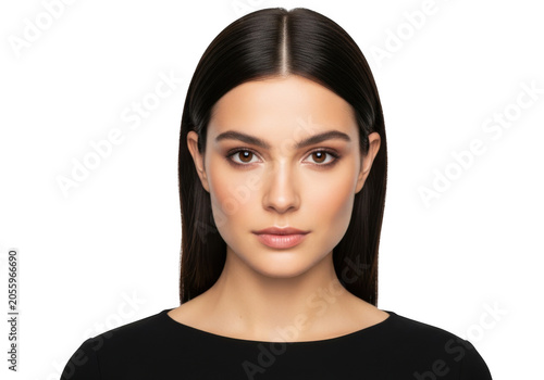 Smiling woman with long dark hair looking straight