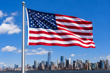 Patriotic theme featuring the American flag with an urban backdrop. Reinterpreted to avoid specific copyrighted skylines while retaining the inspiring, clean commercial aesthetic.