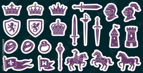 Εκτύπωση καμβά Collection of medieval symbols and icons in purple and white.