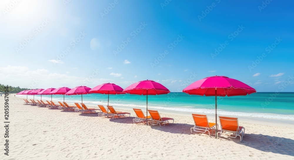 Fototapeta premium Pink beach umbrellas and orange chairs on tropical white sand