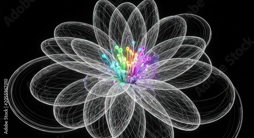 Luminescent, layered floral design with rainbow center against black