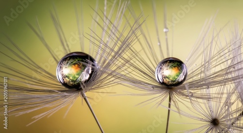 Water droplets reflecting flowers on dandelion seeds macro shot