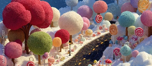A vibrant whimsical landscape features candy trees, roads, and lollipop accents