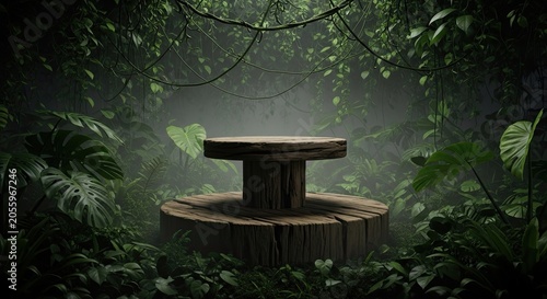 Two tier wooden podium in lush tropical jungle forest