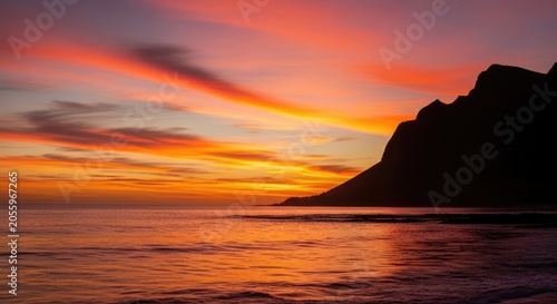 Vibrant orange sunset over calm ocean and coastal silhouette
