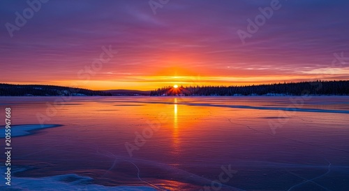 Sunrise over frozen arctic lake with purple winter sky