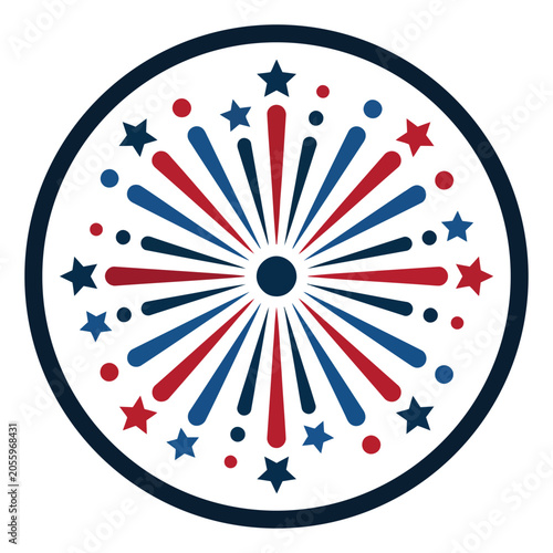Patriotic circular emblem with fireworks and stars red white and blue