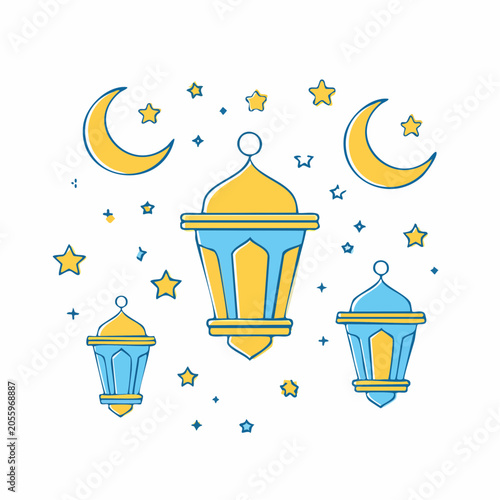 Islamic Lanterns and Crescent Moon with Stars