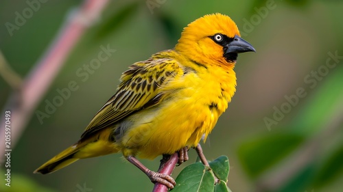 Yellow weaver bird perched on branch in natural wildlife habitat