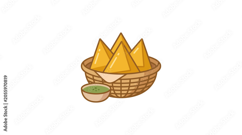 Obraz premium Golden Samosas in Wicker Basket with Green Chutney Dip - Indian Appetizer