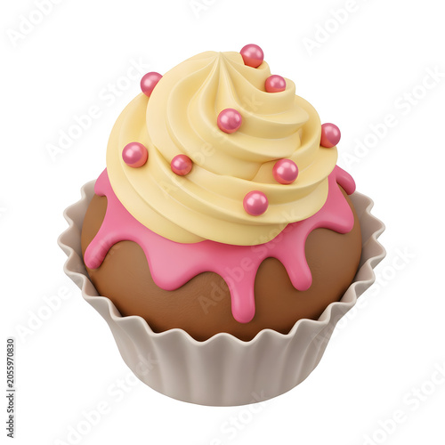 Stylized 3D render of a cupcake with pink frosting and pearls