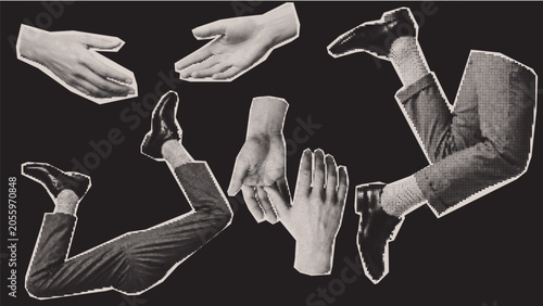 Set of trendy halftone collage sticker retro halftone elements with hands and legs
