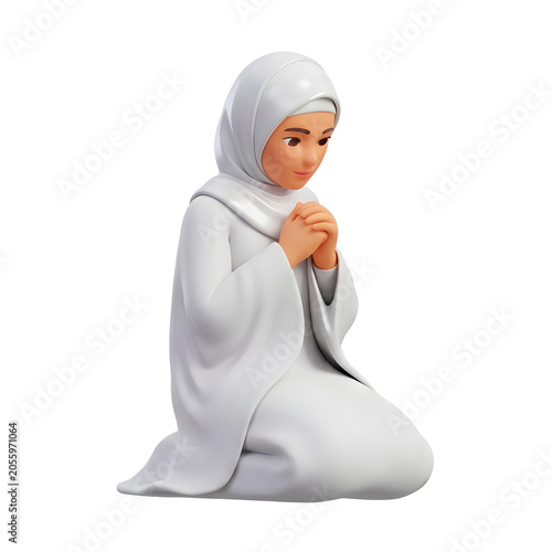 Stylized 3D render of a woman in hijab praying