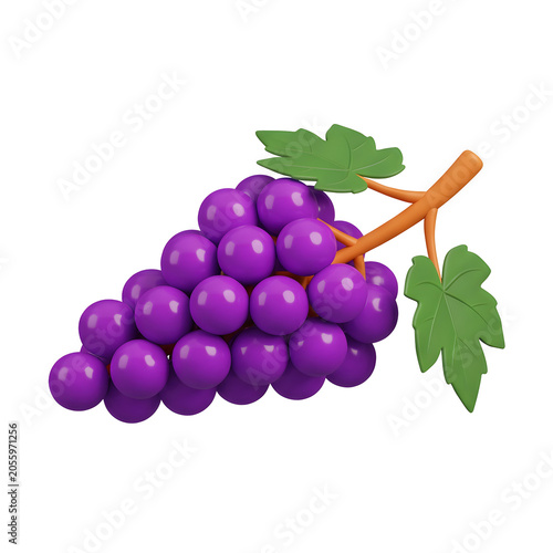 Stylized 3D render of purple grapes with green leaves