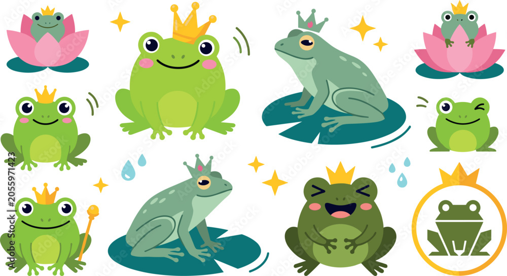 Fototapeta premium Cute Frog Prince Vector Character Set Featuring Crowns Lotus Flowers Water Lilies Lily Pads and Royal Emblems for Fairytale Storybook Children Nursery Graphic Designs