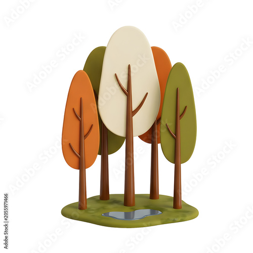 Stylized cartoon trees with autumn colors and a puddle