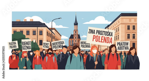Vector illustration of a large crowd of diverse protesters holding placards and wearing face masks on a city street, featuring historical architecture and a gothic church spire.