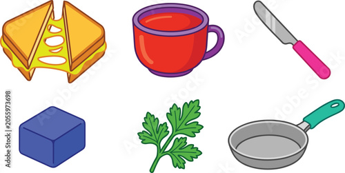 Quadro em tela Grilled Cheese Sandwich and Tomato Soup Comfort Food Icon Set with Butter Cube P