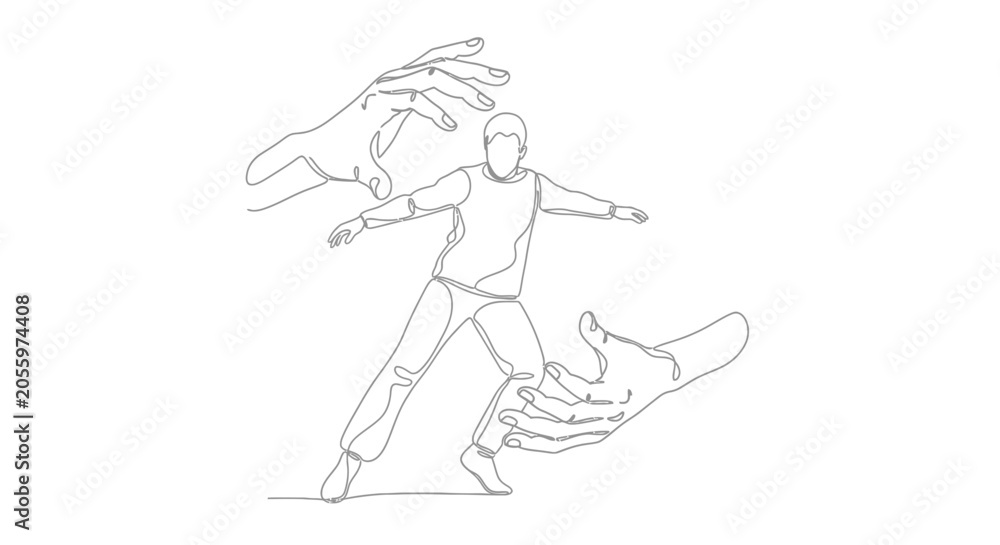 Fototapeta premium Continuous line art of a person caught between protective hands, symbolizing support and care.