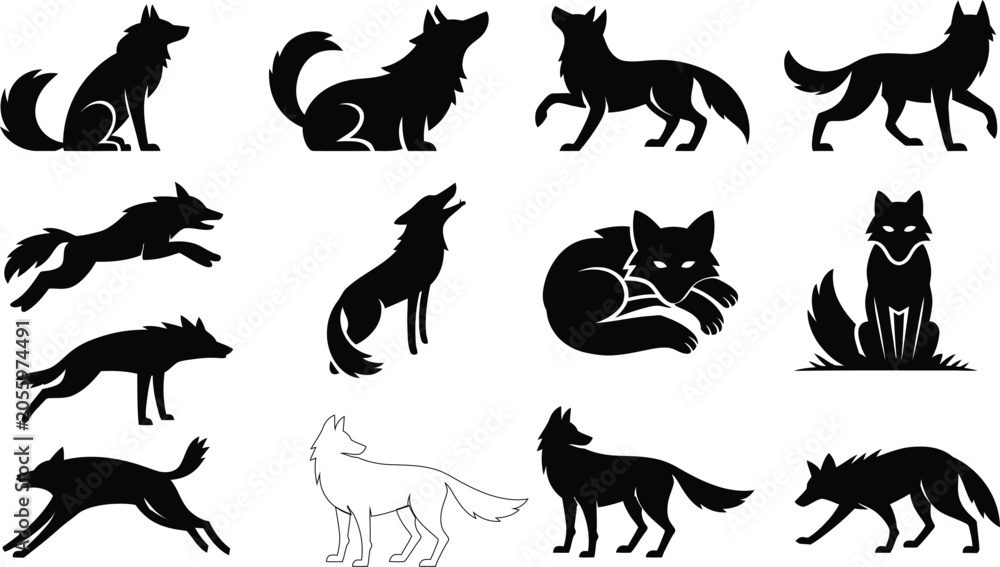 Obraz premium Collection of fox silhouette poses vector set, wild canine animal illustrations isolated, black woodland wildlife icons