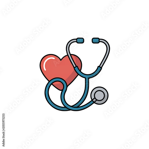 Medical health icon featuring a red heart and blue stethoscope for cardiology and checkup concepts isolated on white